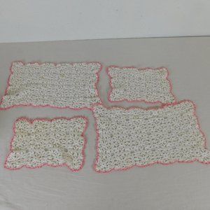 Crocheted Doilies Lot of 4 White Rectangles Pink Border Vtg Cottage Shabby Chic